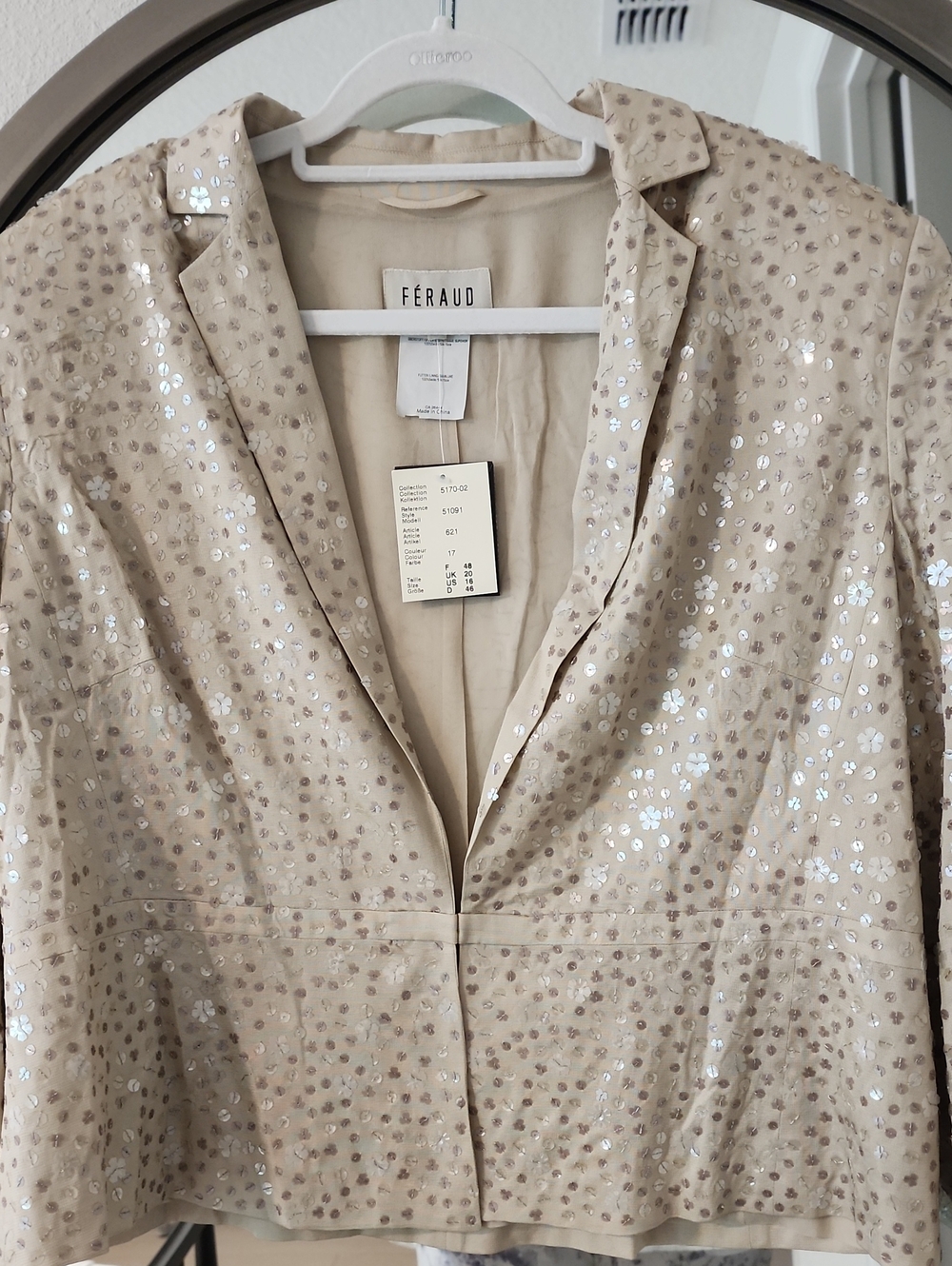 Feraud Designer Cream Sequin Blazer Jacket NWT Size US 16